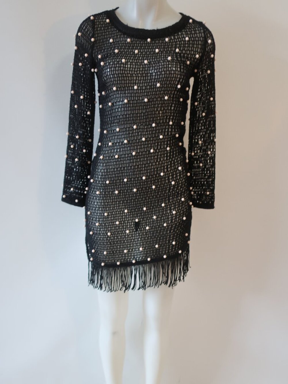 Milly Cabana Black Mesh Knit Swim Coverup Dress W/Pearl Like Embellishment S